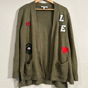 Libby Edelman Olive Green Cardigan Large Varsity Patches Heart Lips Cozy Knit